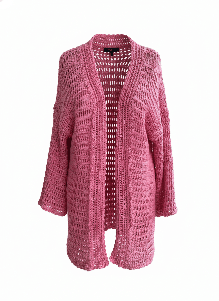 Cárdigan rosa tejido a mano estilo boho chic